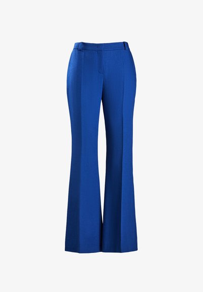 Pantaloni blu a zampa d'elefante realizzati in tessuto testurizzato, con vita aderente e dettaglio piega frontale, adatti per occasioni formali o casual.