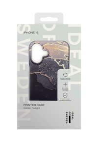 iPhone 16 printed case in black and gold with a marbled texture. Slim design with cutouts for camera and buttons, featuring recycled materials.