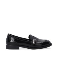 Zwarte lakleren loafers hebben een slank ontwerp met een ronde neus, een decoratieve band en een lage gestapelde hak.