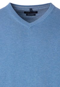 Sveta v svetlobno modri barvi v obliki črke V, izdelana iz kakovostnega bombaža. Ima rebrast ovratnik in subtilen logotip na spodnji levi strani. Mehka tekstura, klasičen kroj.