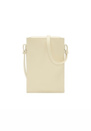 Cream leather crossbody bag with a rectangular shape, minimalistic design, and adjustable strap; features embossed logo at the bottom.