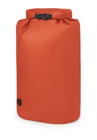 Sacchetto impermeabile arancione brillante con chiusura a rotolo e fibbia nera, progettato per la protezione dall'acqua durante attività all'aperto.