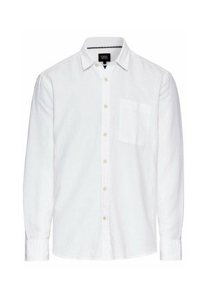 Chemise blanche à manches longues en lin, dotée d'un col boutonné, d'une poche poitrine et d'un design de poignet standard.