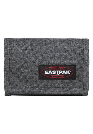 Gray fabric wallet with a textured finish, featuring a black Eastpak logo patch on the front, and a fold-over design.
