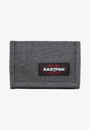 Harmaa kangaskotelo, jossa on teksturoidun pinnan, etupuolella musta Eastpak-logo ja kansimalli.