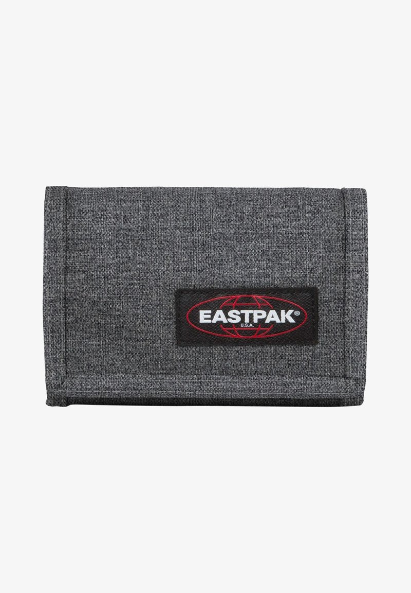 Šedá látková peněženka s texturovaným povrchem, na přední straně s černou nášivkou loga Eastpak a designem se sklápěním.