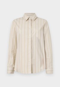Beige stripete skjorte med tynne hvite linjer, knappestolpe, klassisk krage, lange ermer og buet nederkant. Laget av et glatt og lett stoff.