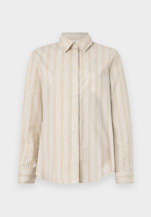Beige stripete skjorte med tynne hvite linjer, knappestolpe, klassisk krage, lange ermer og buet nederkant. Laget av et glatt og lett stoff.