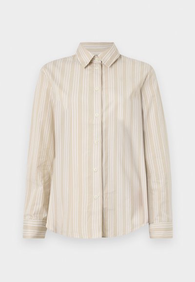 Beige striped shirt with thin white lines, button-up design, classic collar, long sleeves, and a curved hem. Made of a smooth, lightweight fabric.