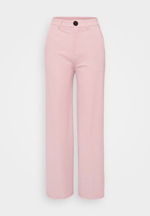 Heledad roosa laiemate säärega püksid, millel on sile tekstuur, must nupp ja klassikaline vöödisain. Lisataskud ei ole nähtavad.