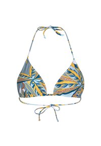 Trojúhelníkový bikiny top vyrobený z pružné látky, s modrým podkladem a žlutými a tyrkysovými květinovými vzory, a s nastavovacími stuhami na krku a zádech.