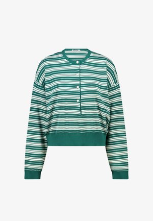 Korte trui met groen-witte strepen, voorzien van een knoopsluiting, geribbelde manchetten en een zachte gebreide textuur.