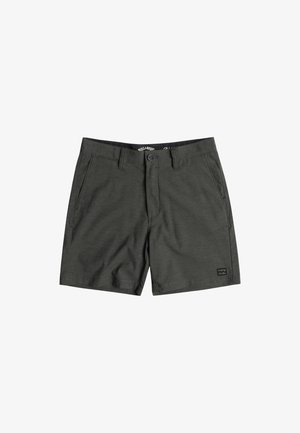 Grijze zwemshorts gemaakt van lichtgewicht materiaal, met een knoop- en ritssluiting, voorzakken en een klein logo op de onderste zoom.