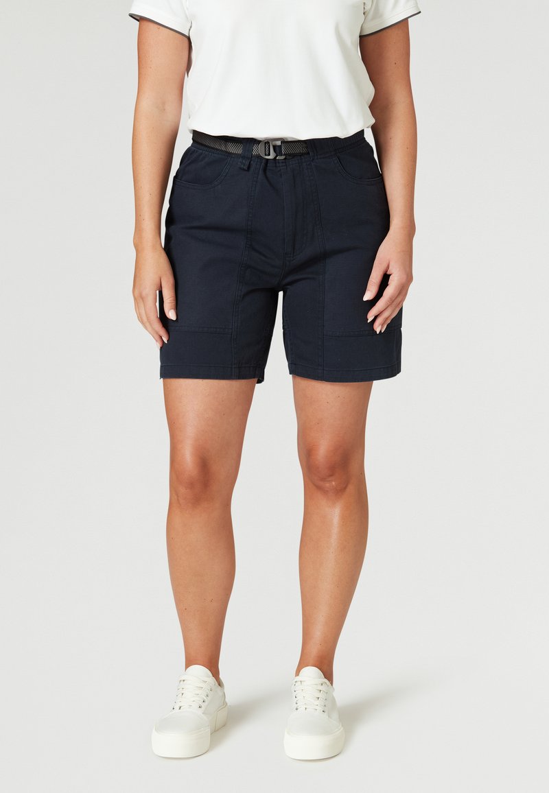 Navyblauwe katoenen shorts met een rechte voorkant, riemlussen en twee zijzakken. Ontworpen voor comfort en veelzijdigheid.