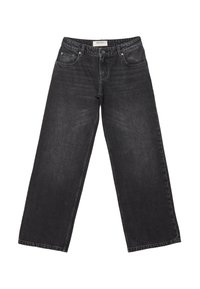 Jeans neri a gamba larga realizzati in denim con una texture liscia, dotati di tasche frontali, passanti per cintura e taglio dritto.