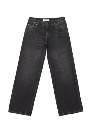 Jeans noirs à jambes larges en denim au toucher lisse, avec des poches avant, des passants de ceinture et une coupe droite.