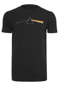 Sort bomulds t-shirt med en trekantet grafik og et farvet prisme-design med en regnbue-stripe. Korte ærmer og rund hals.