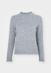 Harmaa neulottu pusero, jossa korkea kaulus, pitkät raglansovitukset, resorit hihoissa ja helmassa, pehmeä tekstuuri ja hienovarainen kuviointi.