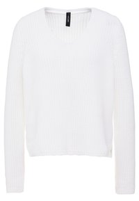 Biały sweter z dzianiny z dekoltem w serek, długimi rękawami i teksturowanym wzorem. Materiał wydaje się lekki i przewiewny, odpowiedni do nakładania warstw.