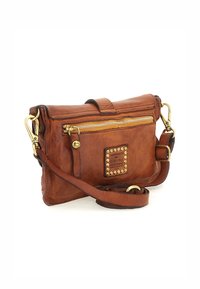 Borsa a tracolla in pelle marrone con chiusura con zip, borchie decorative e tracolla regolabile. Presenta una superficie liscia e una forma rettangolare.