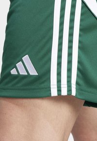 Green athletic shorts with white three-stripe design and Adidas logo in silver on the lower hem. Material appears smooth and breathable.
