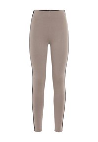 Leggings beige realizzati in morbido tessuto, con vita alta e strisce laterali nere, che offrono una silhouette slanciata.