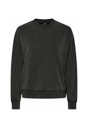 Sweatshirt à col rond à manches longues gris foncé avec des poignets et un ourlet côtelés, présenté sur un fond blanc.