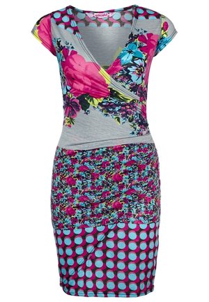 Jurk met korte mouwen, V-hals, met grote roze, blauwe en gele bloemenprints bovenaan, klein bloemenpatroon in het midden en blauwe polkadots op de rok.