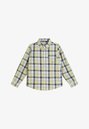 Camisa de manga larga a cuadros en amarillo, azul marino y blanco. Cuenta con un cuello puntiagudo, tapeta de botones y un bolsillo en el pecho. Material de algodón.