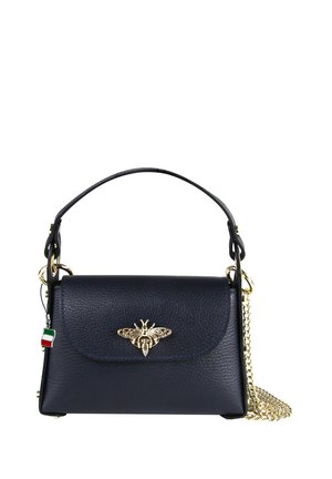 Navy leather handbag with a structured shape. Features a gold bee emblem, a removable chain strap, and a small Italian flag accent.