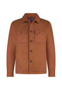 Bruine wollen jas met knoopsluiting aan de voorkant, twee borstzakken en een kraag. Zachte textuur en recht afgesneden ontwerp.