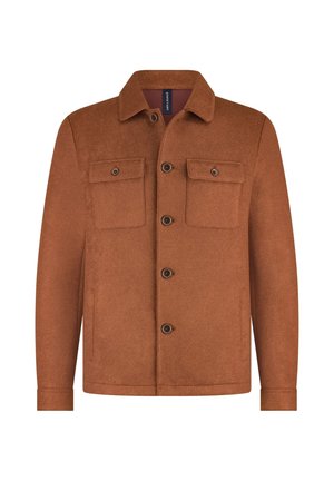 Bruine wollen jas met knoopsluiting aan de voorkant, twee borstzakken en een kraag. Zachte textuur en recht afgesneden ontwerp.