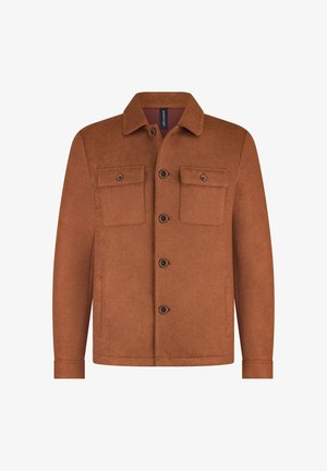 Bruine wollen jas met knoopsluiting aan de voorkant, twee borstzakken en een kraag. Zachte textuur en recht afgesneden ontwerp.