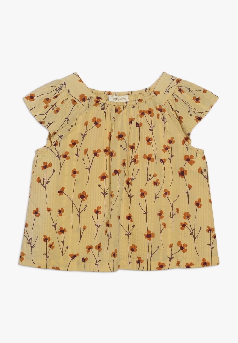 Żółta bluzka z krótkim rękawem w pomarańczowy i brązowy kwiatowy wzór oraz marszczonym dekoltem, odpowiednia dla dziewcząt.