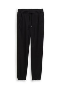 Schwarze Sweatpants aus weichem Material, mit elastischem Bund und verstellbarem Kordelzug, Seitentaschen und gerippten Bündchen.