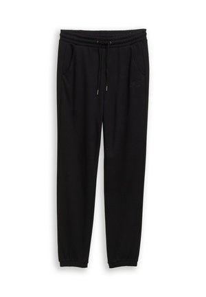 Zwarte sweatpants van zachte stof, met een elastische tailleband met verstelbaar trekkoord, zijzakken en geribbelde manchetten.