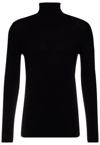 Maglione a collo alto nero, a maniche lunghe e dalla vestibilità aderente. Realizzato in un tessuto liscio con una texture morbida, presenta un collo alto e bordi puliti.