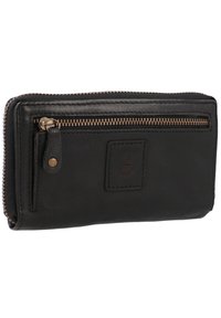 Zwarte leren portemonnee met een gestructureerde afwerking, met rits en bronzen hardware. Voorzien van een logopatch met een ankerontwerp.