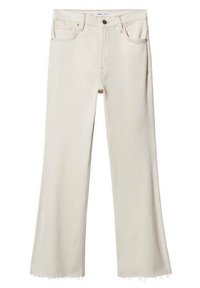 Jean droit couleur crème avec cinq poches, fermeture à boutons et ourlet brut.