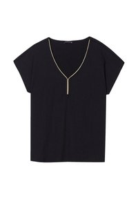 Top nero a maniche corte con scollatura a V profonda e un accentuazione dorata lungo il collo. Realizzato in tessuto testurizzato con una vestibilità comoda.