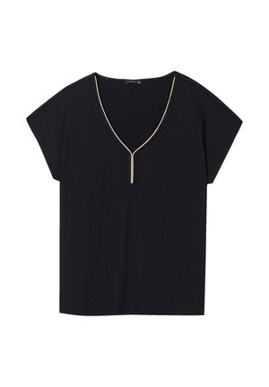 Top nero a maniche corte con scollatura a V profonda e un accentuazione dorata lungo il collo. Realizzato in tessuto testurizzato con una vestibilità comoda.