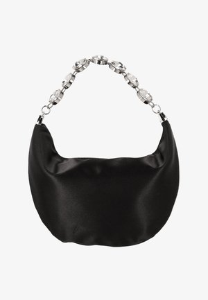 Sort satin håndtaske med en afrundet form. Den har et sølvkædehåndtag pyntet med skinnende perle-lignende detaljer. Glat tekstur.