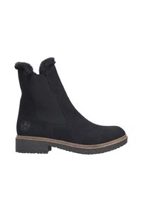 Schwarzer Wildleder-Stiefelett mit elastischen seitlichen Einsätzen, einem Kunstfellbesatz an der Oberkante und einer strukturierten Gummisohle. Mit einem Logo an der Seite.