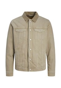 Veste en denim beige avec un col, deux poches poitrine, des poches latérales, des boutons argentés et des détails de couture verticale. Design classique et structuré.