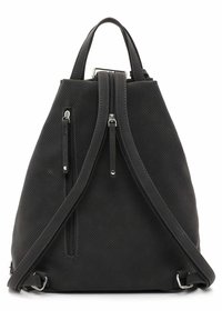 Black perforated backpack with adjustable shoulder straps, dual zipper closures, and a structured shape. Features polished metal hardware accents.