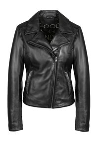 Svart läderbikerjacka med asymmetrisk frontdragkedja, bred krage och sidofickor, visad mot vit bakgrund.