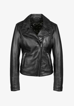 Veste de motard en cuir noir avec fermeture éclair asymétrique sur le devant, col large, et poches latérales, présentée sur un fond blanc.