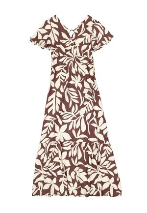 Vestido largo maxi floral en tonos marrón y crema, con mangas cortas, escote en v, cintura fruncida y bajo de volantes. Hecho de tela ligera.