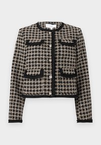 Svart og krem tweed jakke med kort design, to frontlommer og kontrasterende kant langs kantene og lommene. Knapplukking.