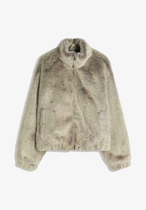 Lažna krzna jakna u svijetlozelenoj boji s visokim ovratnikom, elastičnim rukavima i slobodnim krojem. Karakterizira je mekana tekstura i suptilne tamne pjege.